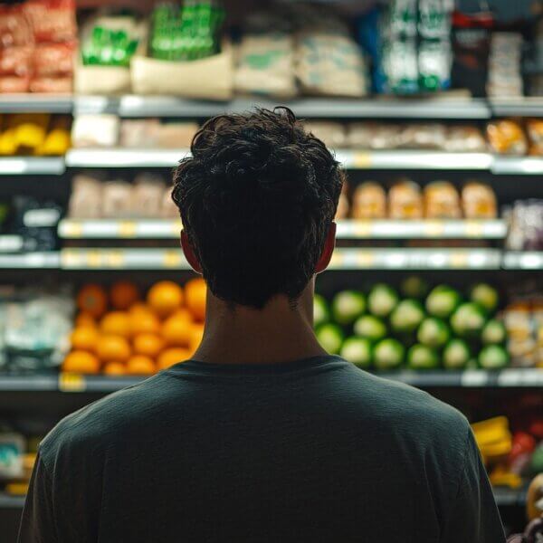 Homme qui regarde un rayon de supermarché.